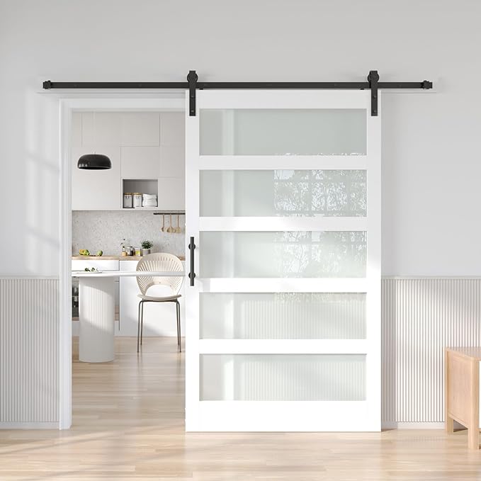 Fredbeck 30in x 84in White Glass Barn Door with 5.5FT 66inch Sliding Doors Hardware Kit Included & Handle,PVC Surface,Need to Assembly,Water-Proof