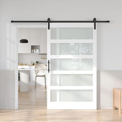 Fredbeck 30in x 84in White Glass Barn Door with 5.5FT 66inch Sliding Doors Hardware Kit Included & Handle,PVC Surface,Need to Assembly,Water-Proof