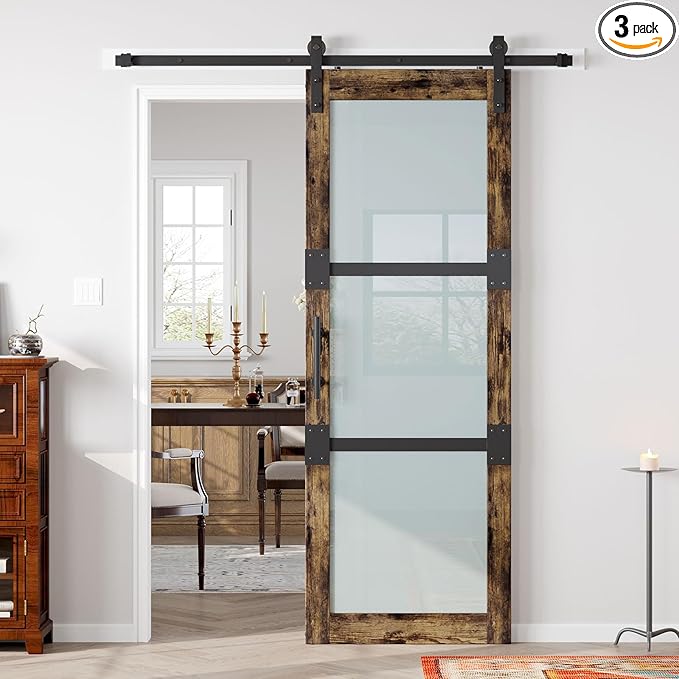 Fredbeck 30x84 Frosted Glass Barn Doors Aluminum Frame and 5.5ft Hardware Kit Included, Waterproof PVC Coating,Pre-Drilled Ready to Assemble，Brown, 3-Panels，Modern Interior Sliding Doors with Glass