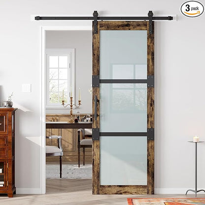 Fredbeck 30x84 Frosted Glass Barn Doors Aluminum Frame and 5.5ft Hardware Kit Included, Waterproof PVC Coating,Pre-Drilled Ready to Assemble，Brown, 3-Panels，Modern Interior Sliding Doors with Glass