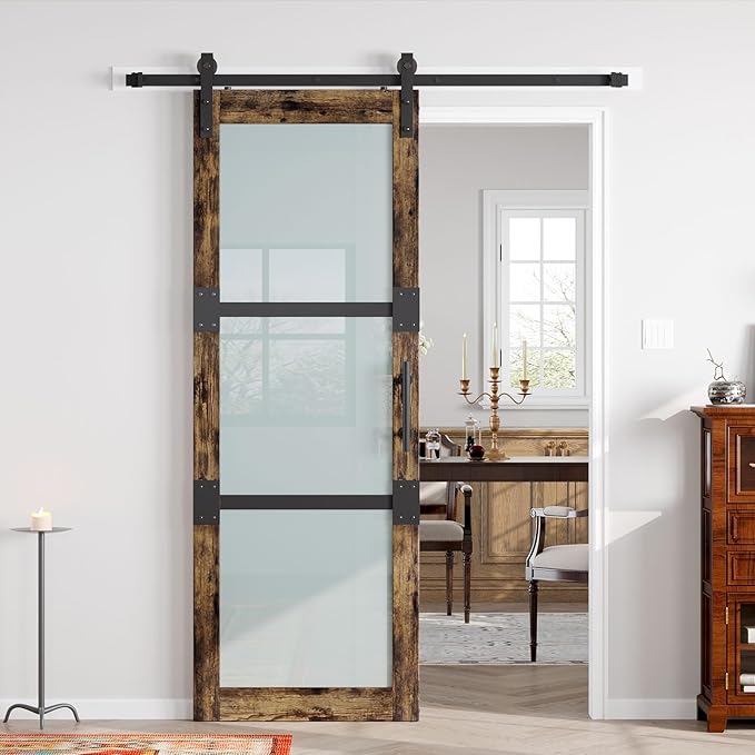 Fredbeck 30x84 Frosted Glass Barn Doors Aluminum Frame and 5.5ft Hardware Kit Included, Waterproof PVC Coating,Pre-Drilled Ready to Assemble，Brown, 3-Panels，Modern Interior Sliding Doors with Glass