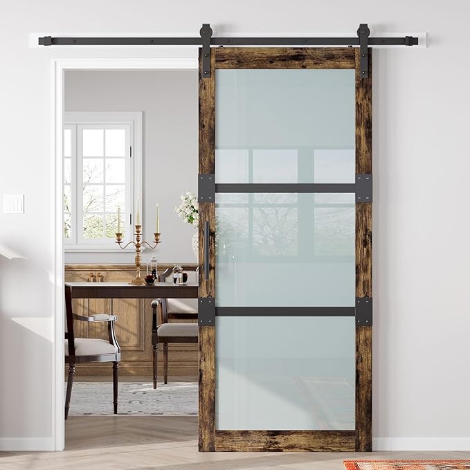 Fredbeck 30x84 Frosted Glass Barn Doors Aluminum Frame and 5.5ft Hardware Kit Included, Waterproof PVC Coating,Pre-Drilled Ready to Assemble，Brown, 3-Panels，Modern Interior Sliding Doors with Glass