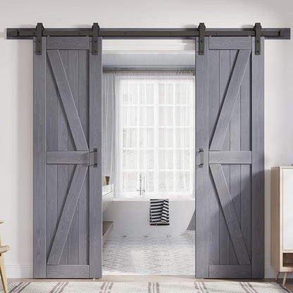 FREDBECK 30in x 84in Gray Wood Barn Door Slab with 5ft (60inch) Barn Door Hardware Track Kit Included, Double Surfaces,Simple Assembly is Required,K-Frame,Grey
