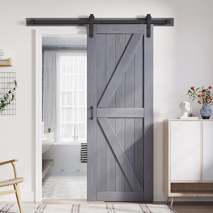 FREDBECK 30in x 84in Gray Wood Barn Door Slab with 5ft (60inch) Barn Door Hardware Track Kit Included, Double Surfaces,Simple Assembly is Required,K-Frame,Grey