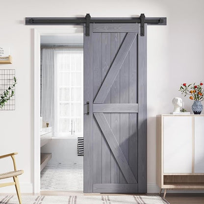 FREDBECK 30in x 84in Gray Wood Barn Door Slab with 5ft (60inch) Barn Door Hardware Track Kit Included, Double Surfaces,Simple Assembly is Required,K-Frame,Grey