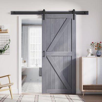 FREDBECK 30in x 84in Gray Wood Barn Door Slab with 5ft (60inch) Barn Door Hardware Track Kit Included, Double Surfaces,Simple Assembly is Required,K-Frame,Grey
