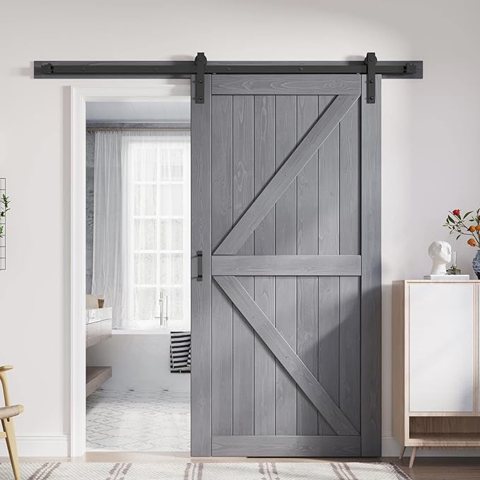 FREDBECK 30in x 84in Gray Wood Barn Door Slab with 5ft (60inch) Barn Door Hardware Track Kit Included, Double Surfaces,Simple Assembly is Required,K-Frame,Grey