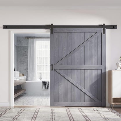 FREDBECK 30in x 84in Gray Wood Barn Door Slab with 5ft (60inch) Barn Door Hardware Track Kit Included, Double Surfaces,Simple Assembly is Required,K-Frame,Grey