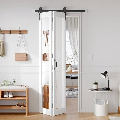 FREDBECK Preassembled Bifold Barn Door 30x84 (Double 15x84) with 1 Lites Mirror,Bi-fold Closet Doors Hardware Kit Included,34" Track for 2 Doors, PVC, White,for Living Room, Bathrooms, Kicthen