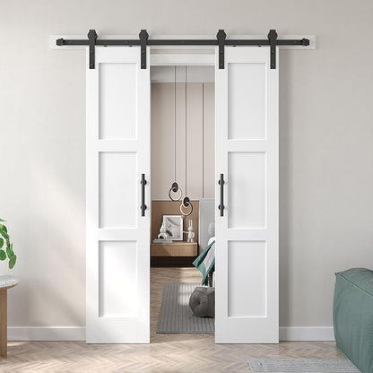 Fredbeck Double 18x84 inch White Barn Door with 6.6FT Barn Door Hardware Kit Included,with MDF and Wood,DIY Assembly,3-Panel,36inch barn Door,Fit 33in-35in Opening