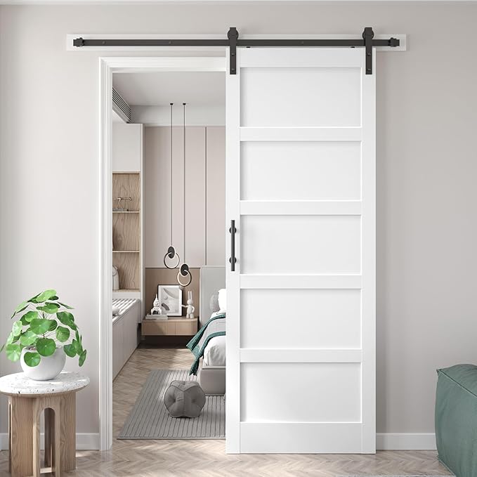 Fredbeck Double 18x84 inch White Barn Door with 6.6FT Barn Door Hardware Kit Included,with MDF and Wood,DIY Assembly,3-Panel,36inch barn Door,Fit 33in-35in Opening