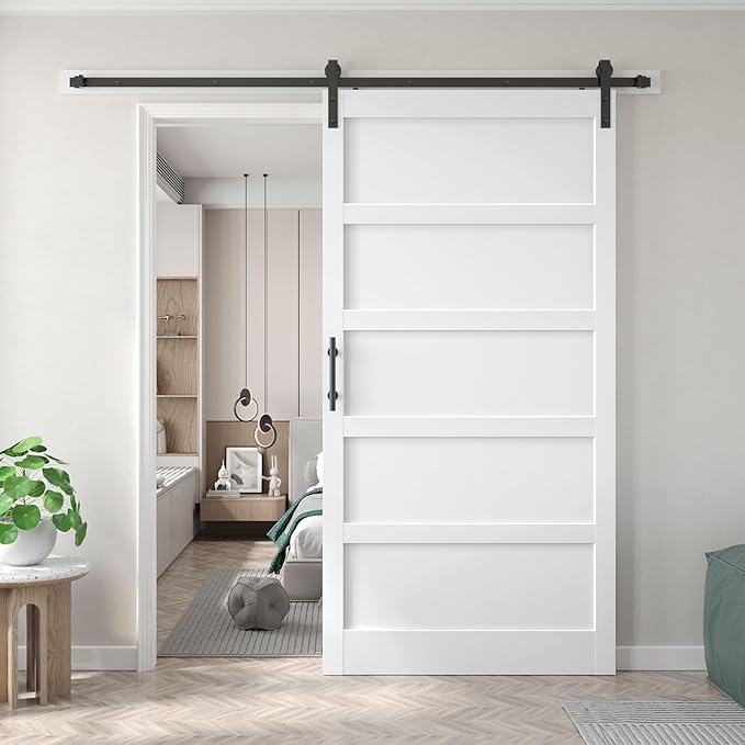 Fredbeck Double 18x84 inch White Barn Door with 6.6FT Barn Door Hardware Kit Included,with MDF and Wood,DIY Assembly,3-Panel,36inch barn Door,Fit 33in-35in Opening