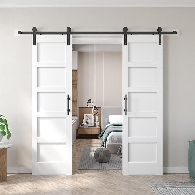 Fredbeck Double 18x84 inch White Barn Door with 6.6FT Barn Door Hardware Kit Included,with MDF and Wood,DIY Assembly,3-Panel,36inch barn Door,Fit 33in-35in Opening