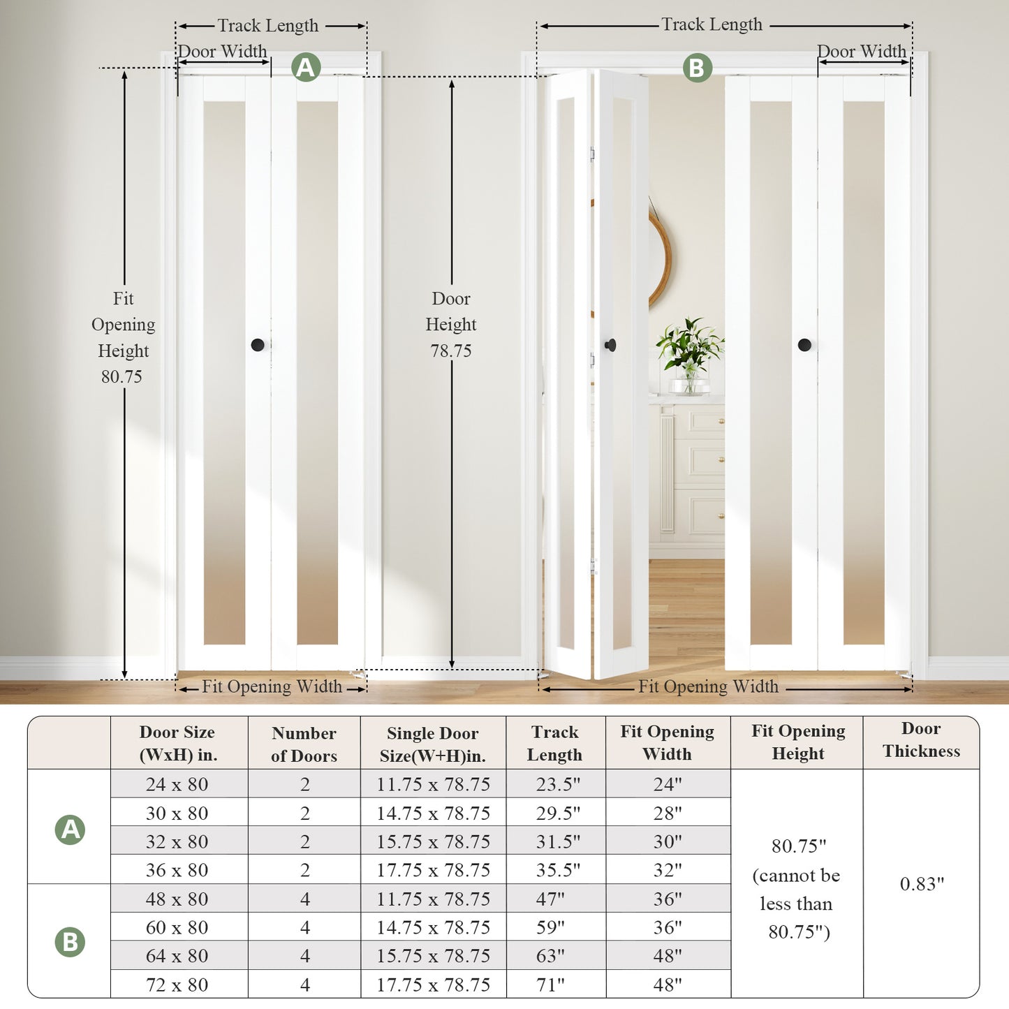 Modern Minimalist Folding Door | Space-Saving Interior Bi-Fold Door | White Wood Grain Finish | Closet / Storage Room / Partition Door | Smooth & Quiet Operation