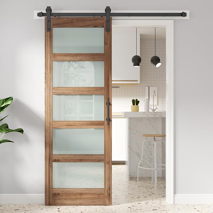 FREDBECK 30 x 84 inch Glass Barn Door with 5.5FT Barn Door Hardware Kit & Handle Included,5-Panel Frosted Glass,Wood Panel,Water-Proof Surface,Pre-Drilled Holes,Need Assembly