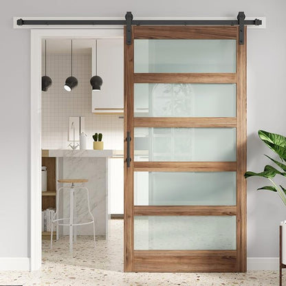 FREDBECK 30 x 84 inch Glass Barn Door with 5.5FT Barn Door Hardware Kit & Handle Included,5-Panel Frosted Glass,Wood Panel,Water-Proof Surface,Pre-Drilled Holes,Need Assembly