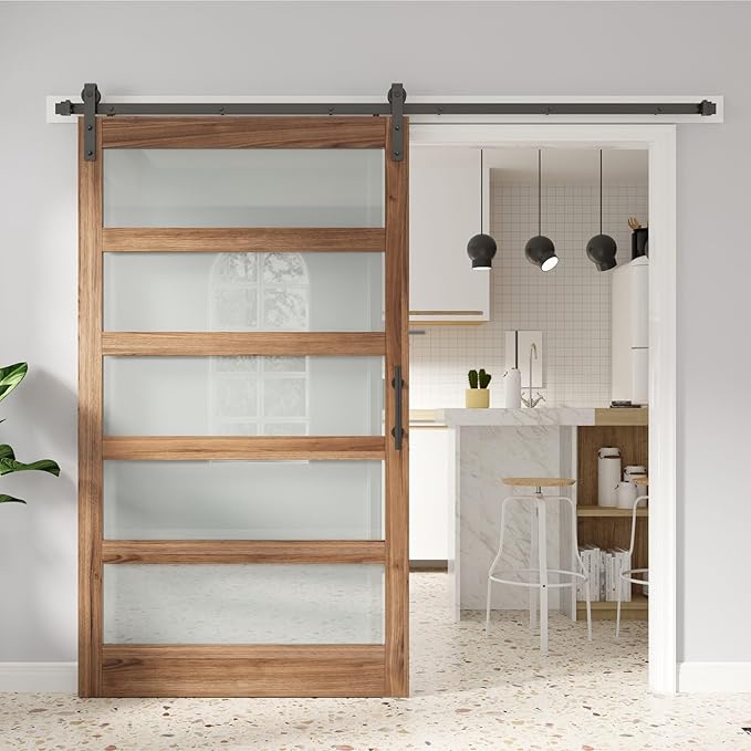 FREDBECK 30 x 84 inch Glass Barn Door with 5.5FT Barn Door Hardware Kit & Handle Included,5-Panel Frosted Glass,Wood Panel,Water-Proof Surface,Pre-Drilled Holes,Need Assembly