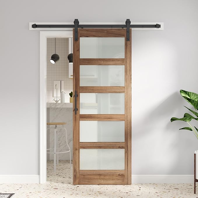 FREDBECK 30 x 84 inch Glass Barn Door with 5.5FT Barn Door Hardware Kit & Handle Included,5-Panel Frosted Glass,Wood Panel,Water-Proof Surface,Pre-Drilled Holes,Need Assembly