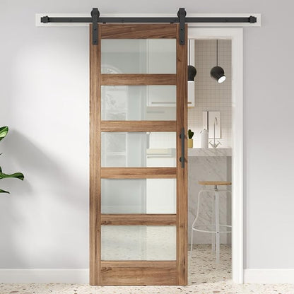 FREDBECK 30 x 84 inch Glass Barn Door with 5.5FT Barn Door Hardware Kit & Handle Included,5-Panel Frosted Glass,Wood Panel,Water-Proof Surface,Pre-Drilled Holes,Need Assembly