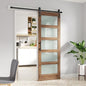 FREDBECK 30 x 84 inch Glass Barn Door with 5.5FT Barn Door Hardware Kit & Handle Included,5-Panel Frosted Glass,Wood Panel,Water-Proof Surface,Pre-Drilled Holes,Need Assembly