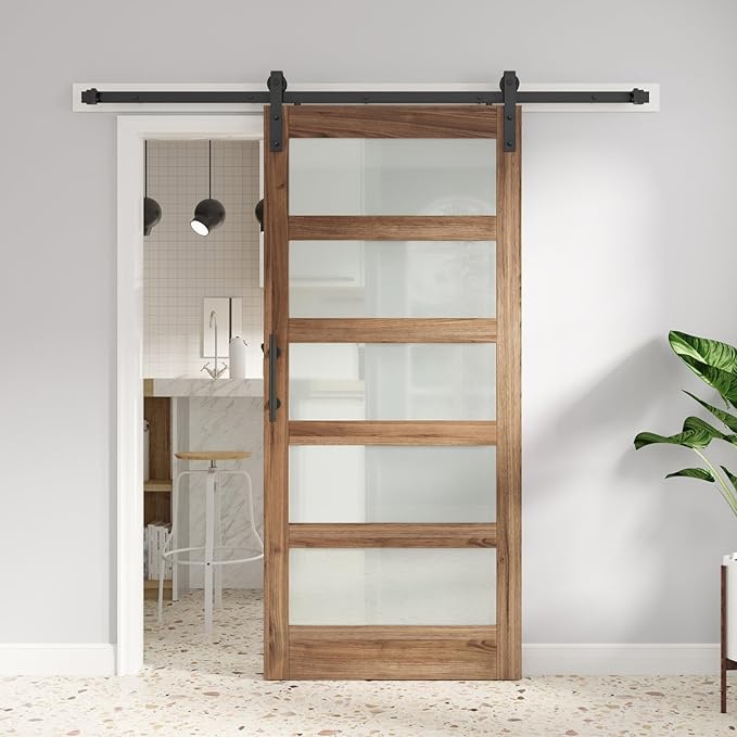 FREDBECK 30 x 84 inch Glass Barn Door with 5.5FT Barn Door Hardware Kit & Handle Included,5-Panel Frosted Glass,Wood Panel,Water-Proof Surface,Pre-Drilled Holes,Need Assembly