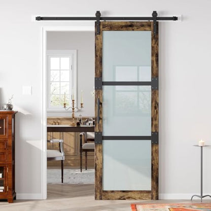 Fredbeck 30x84 Frosted Glass Barn Doors Aluminum Frame and 5.5ft Hardware Kit Included, Waterproof PVC Coating,Pre-Drilled Ready to Assemble，Brown, 3-Panels，Modern Interior Sliding Doors with Glass