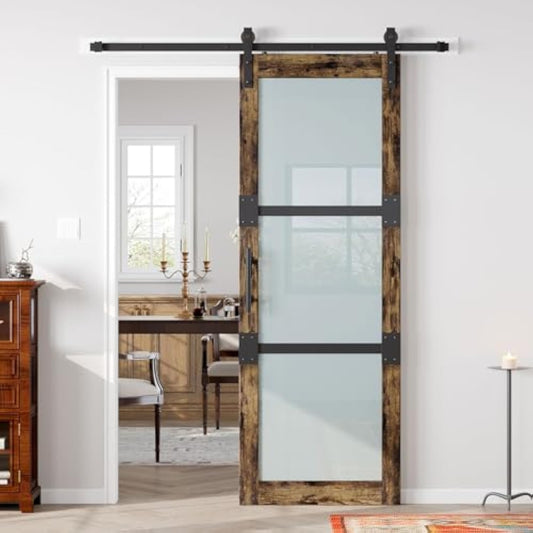 Fredbeck 30x84 Frosted Glass Barn Doors Aluminum Frame and 5.5ft Hardware Kit Included, Waterproof PVC Coating,Pre-Drilled Ready to Assemble，Brown, 3-Panels，Modern Interior Sliding Doors with Glass