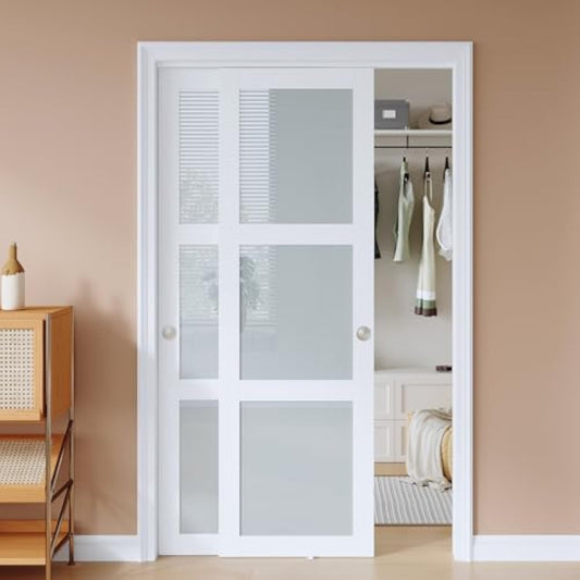 48x80 in (Double 25in) Sliding Closet Door for Bedroom, 3-Lite Frosted Glass Sliding Door with Hardware Track Kit & Floor Guide, Preassembled Door Panel, MDF White Pocket Doors