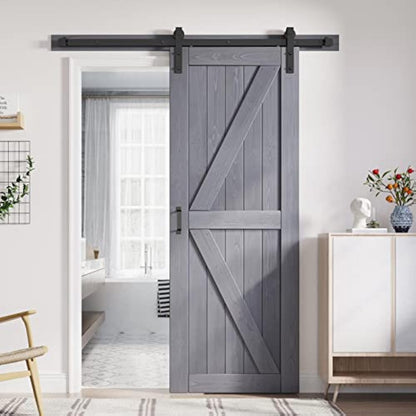 FREDBECK 30in x 84in Gray Wood Barn Door Slab with 5ft (60inch) Barn Door Hardware Track Kit Included, Double Surfaces,Simple Assembly is Required,K-Frame,Grey