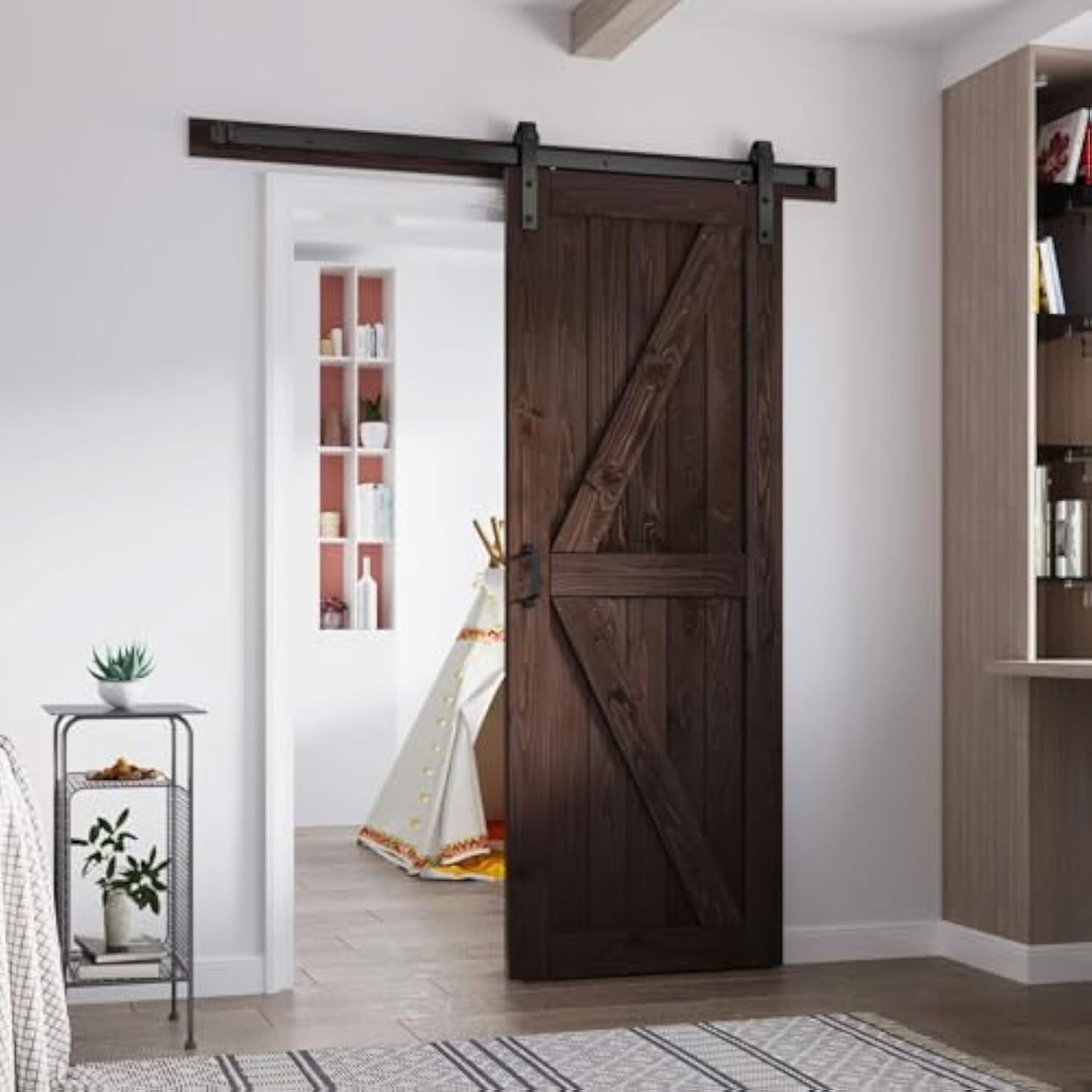FREDBECK 30in x 84in Brown Barn Door with 5ft (60inch) Barn Door Hardware Track Kit and Handle Included, Double Surfaces,Simple Assembly is Required,K-Frame,Coffee