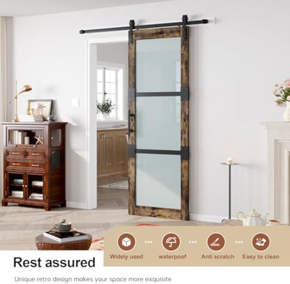 Fredbeck 30x84 Frosted Glass Barn Doors Aluminum Frame and 5.5ft Hardware Kit Included, Waterproof PVC Coating,Pre-Drilled Ready to Assemble，Brown, 3-Panels，Modern Interior Sliding Doors with Glass