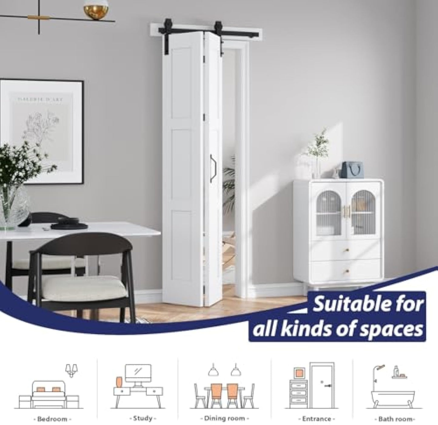 FREDBECK 24X84(Double 12x84) White Bifold Door Sliding Folding Barn Doors Double with  Hardware Kit & Handle,Solid MDF Door with Water-Proof PVC Surface for Closet,Assembly Required