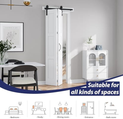 FREDBECK 24X84(Double 12x84) White Bifold Door Sliding Folding Barn Doors Double with  Hardware Kit & Handle,Solid MDF Door with Water-Proof PVC Surface for Closet,Assembly Required