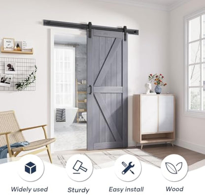 FREDBECK 30in x 84in Gray Wood Barn Door Slab with 5ft (60inch) Barn Door Hardware Track Kit Included, Double Surfaces,Simple Assembly is Required,K-Frame,Grey