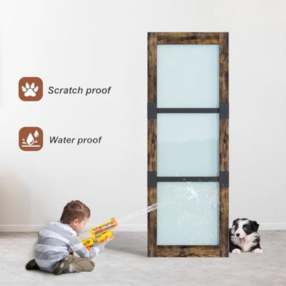 Fredbeck 30x84 Frosted Glass Barn Doors Aluminum Frame and 5.5ft Hardware Kit Included, Waterproof PVC Coating,Pre-Drilled Ready to Assemble，Brown, 3-Panels，Modern Interior Sliding Doors with Glass