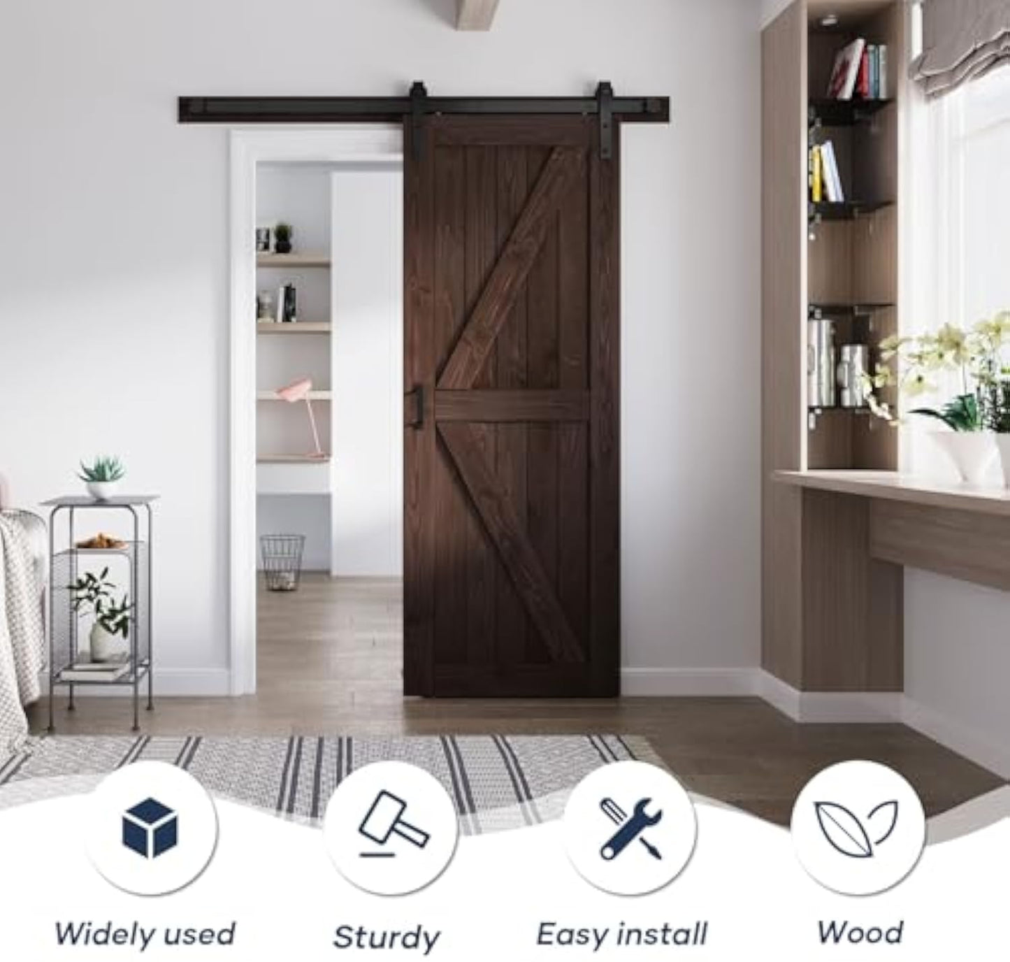 FREDBECK 30in x 84in Brown Barn Door with 5ft (60inch) Barn Door Hardware Track Kit and Handle Included, Double Surfaces,Simple Assembly is Required,K-Frame,Coffee