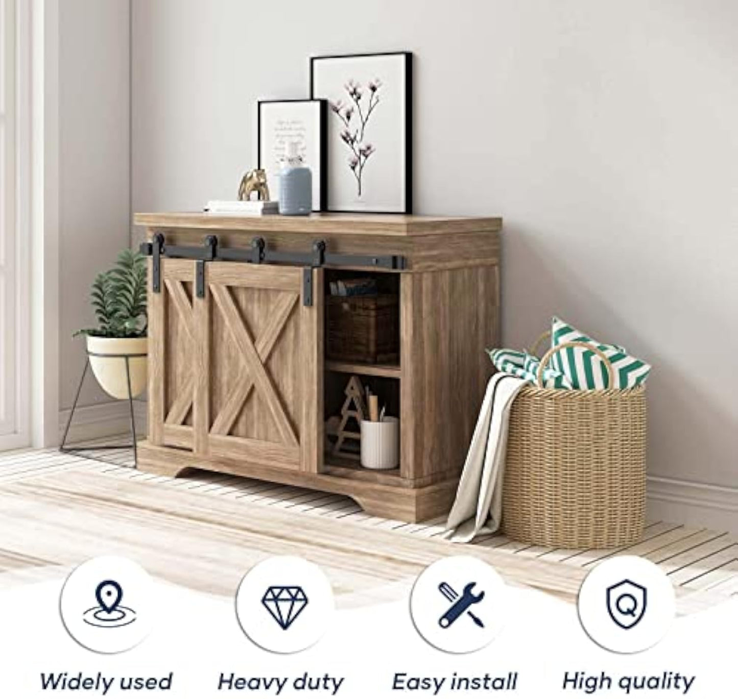 FREDBECK 3 FT Mini Cabinet Bypass Barn Door Hardware Kit Single Track 36inch Small Sliding Barn Doors Track Kit for Double Doors Storage Closet Window TV Stand Wardrobe (No Cabinet)