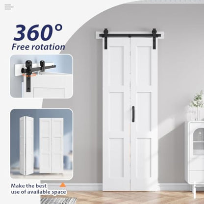 FREDBECK 24X84(Double 12x84) White Bifold Door Sliding Folding Barn Doors Double with  Hardware Kit & Handle,Solid MDF Door with Water-Proof PVC Surface for Closet,Assembly Required