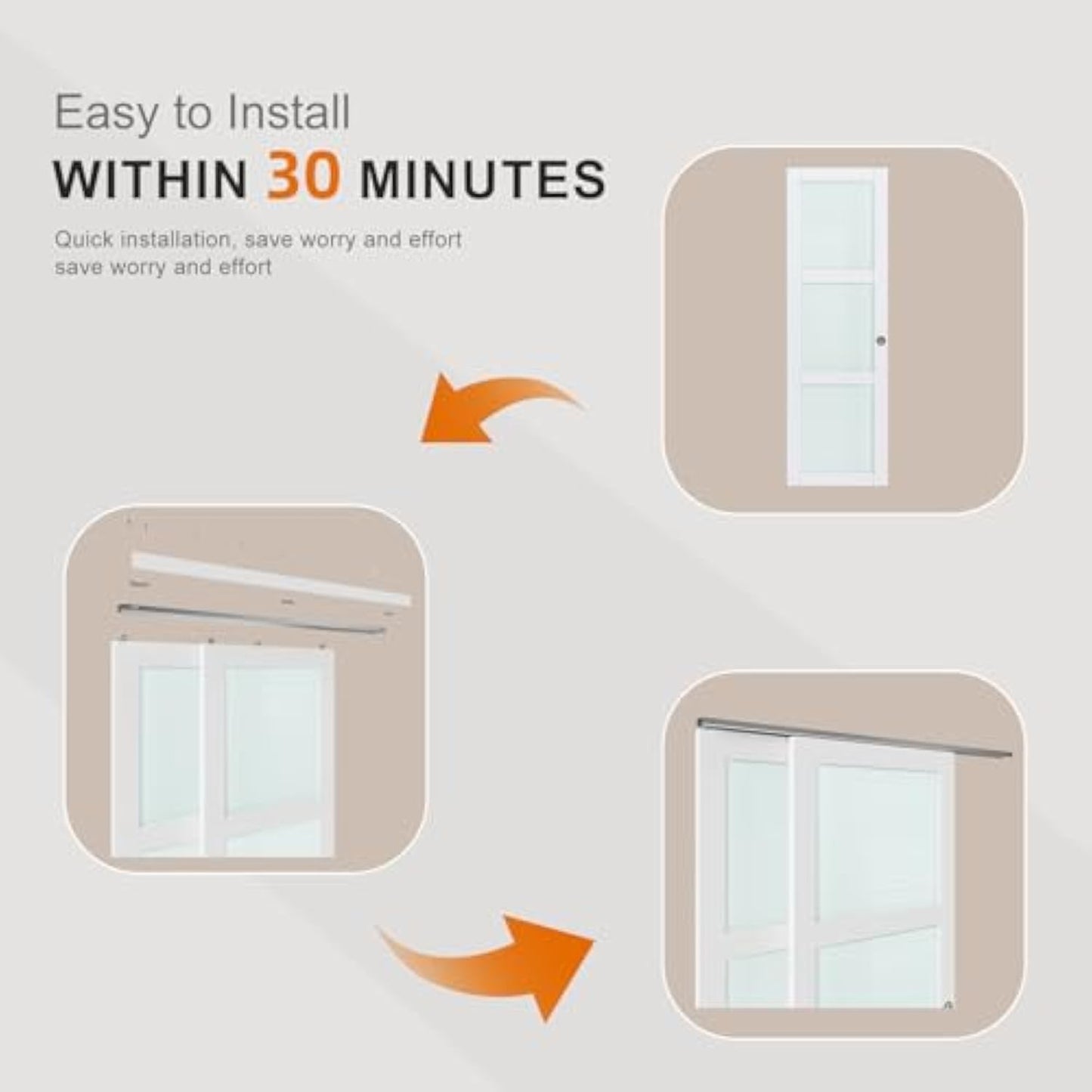 48x80 in (Double 25in) Sliding Closet Door for Bedroom, 3-Lite Frosted Glass Sliding Door with Hardware Track Kit & Floor Guide, Preassembled Door Panel, MDF White Pocket Doors