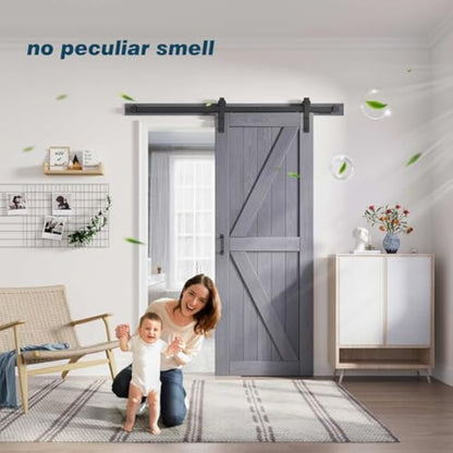 FREDBECK 30in x 84in Gray Wood Barn Door Slab with 5ft (60inch) Barn Door Hardware Track Kit Included, Double Surfaces,Simple Assembly is Required,K-Frame,Grey