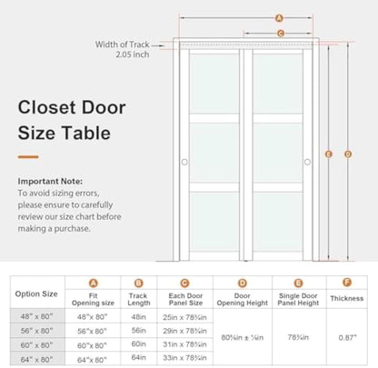 48x80 in (Double 25in) Sliding Closet Door for Bedroom, 3-Lite Frosted Glass Sliding Door with Hardware Track Kit & Floor Guide, Preassembled Door Panel, MDF White Pocket Doors