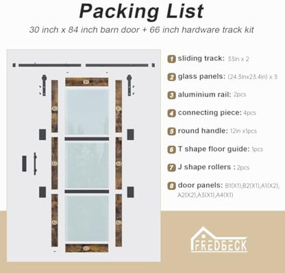 Fredbeck 30x84 Frosted Glass Barn Doors Aluminum Frame and 5.5ft Hardware Kit Included, Waterproof PVC Coating,Pre-Drilled Ready to Assemble，Brown, 3-Panels，Modern Interior Sliding Doors with Glass