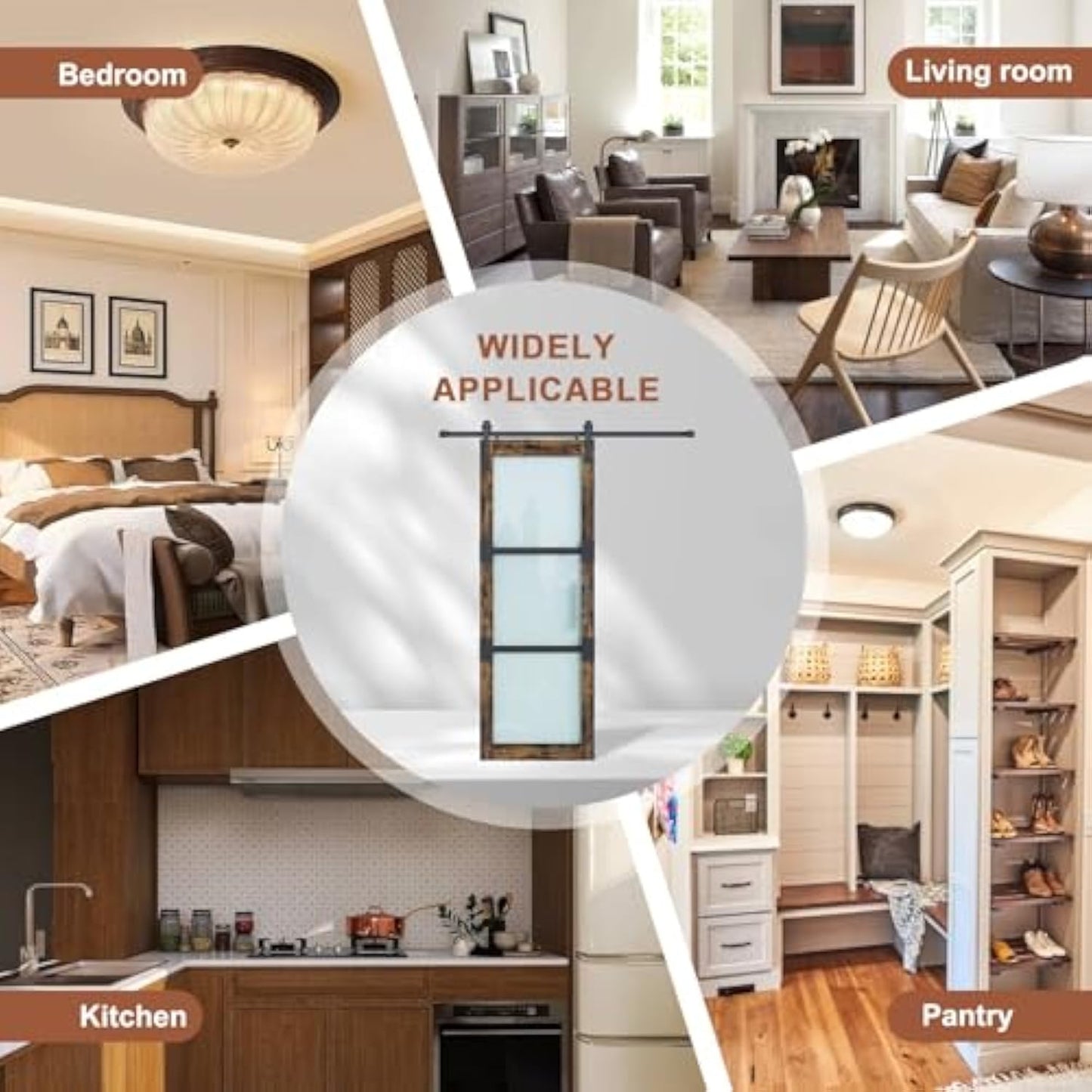 Fredbeck 30x84 Frosted Glass Barn Doors Aluminum Frame and 5.5ft Hardware Kit Included, Waterproof PVC Coating,Pre-Drilled Ready to Assemble，Brown, 3-Panels，Modern Interior Sliding Doors with Glass