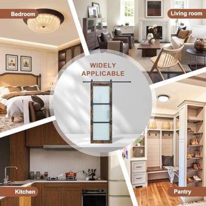 Fredbeck 30x84 Frosted Glass Barn Doors Aluminum Frame and 5.5ft Hardware Kit Included, Waterproof PVC Coating,Pre-Drilled Ready to Assemble，Brown, 3-Panels，Modern Interior Sliding Doors with Glass