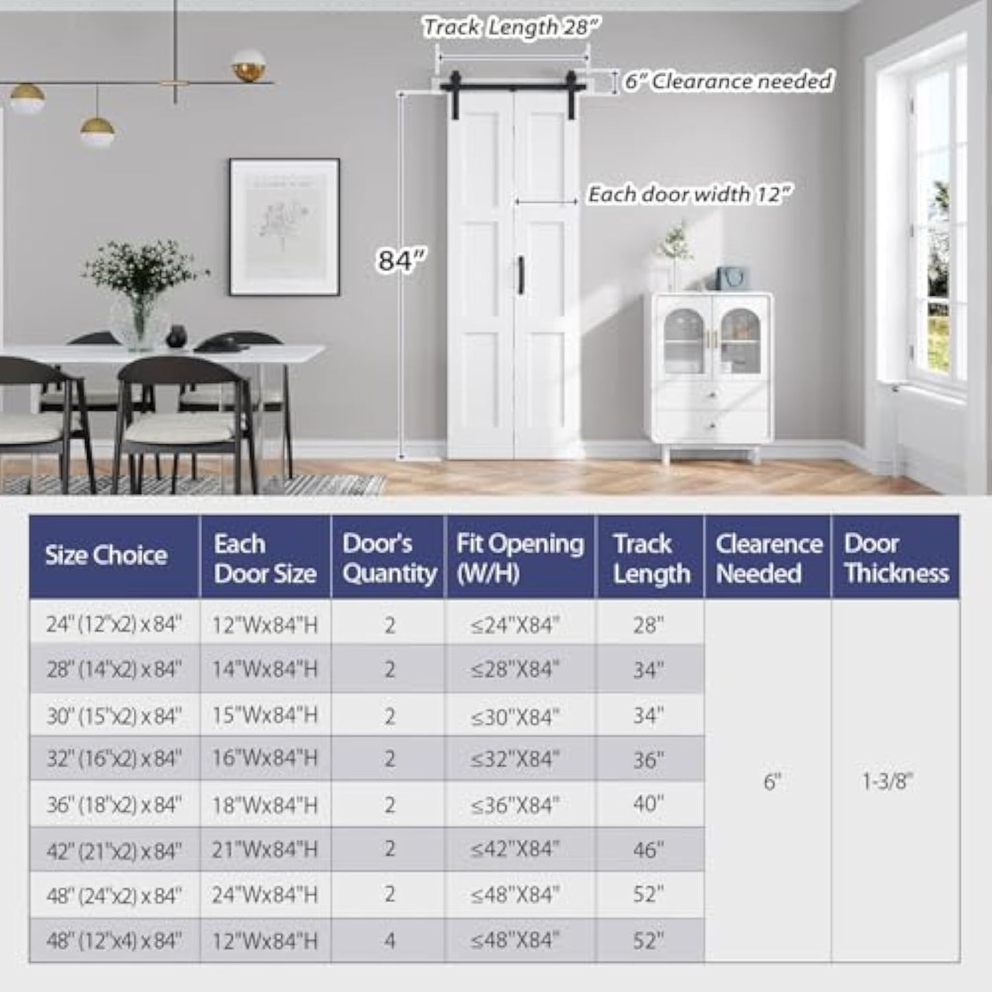 FREDBECK 24X84(Double 12x84) White Bifold Door Sliding Folding Barn Doors Double with  Hardware Kit & Handle,Solid MDF Door with Water-Proof PVC Surface for Closet,Assembly Required