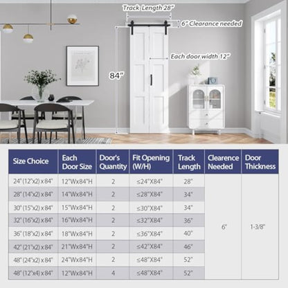 FREDBECK 24X84(Double 12x84) White Bifold Door Sliding Folding Barn Doors Double with  Hardware Kit & Handle,Solid MDF Door with Water-Proof PVC Surface for Closet,Assembly Required