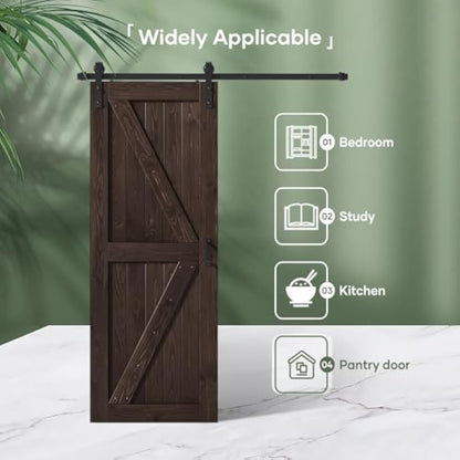 FREDBECK 30in x 84in Brown Barn Door with 5ft (60inch) Barn Door Hardware Track Kit and Handle Included, Double Surfaces,Simple Assembly is Required,K-Frame,Coffee
