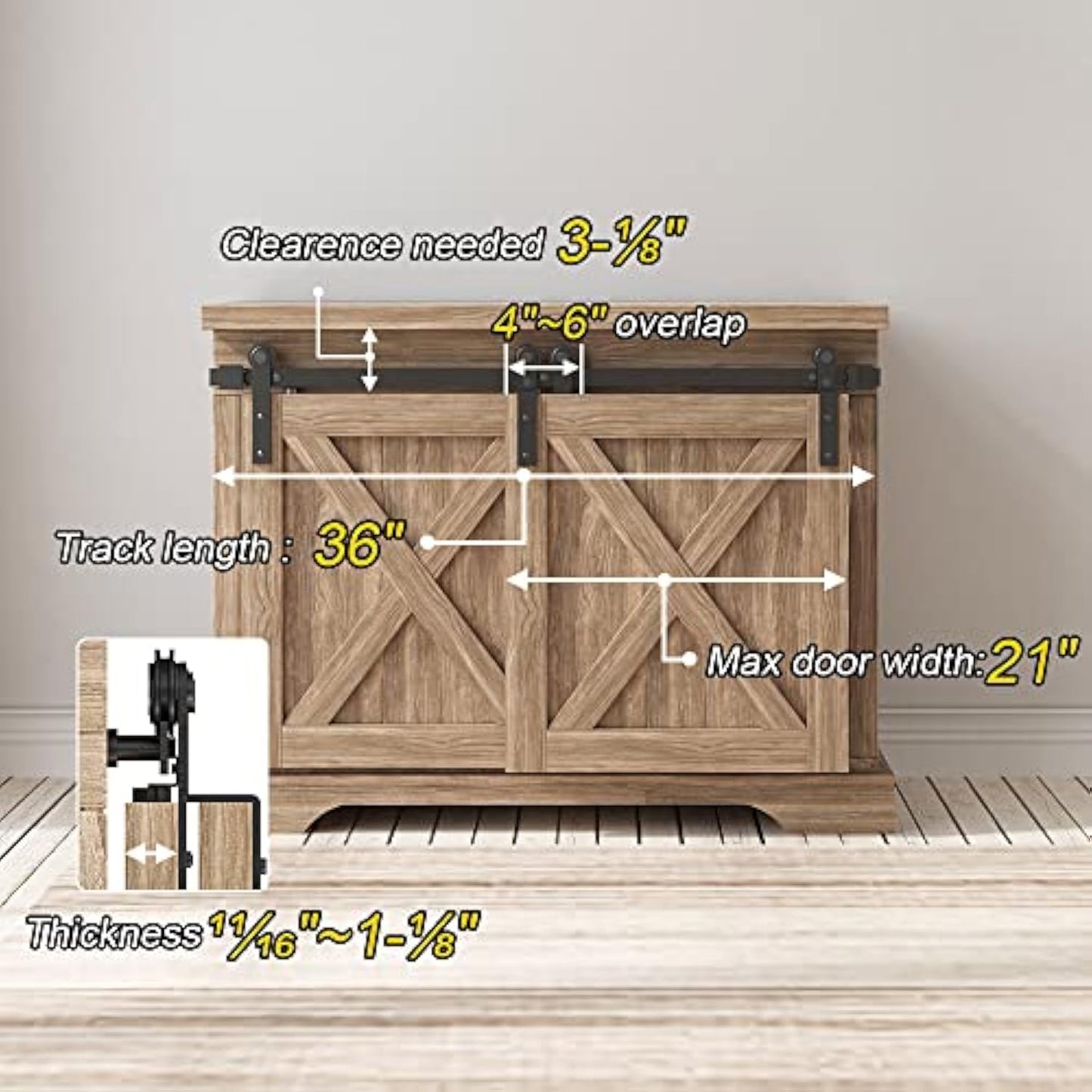 FREDBECK 3 FT Mini Cabinet Bypass Barn Door Hardware Kit Single Track 36inch Small Sliding Barn Doors Track Kit for Double Doors Storage Closet Window TV Stand Wardrobe (No Cabinet)