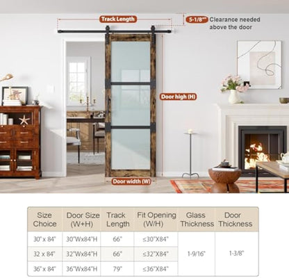 Fredbeck 30x84 Frosted Glass Barn Doors Aluminum Frame and 5.5ft Hardware Kit Included, Waterproof PVC Coating,Pre-Drilled Ready to Assemble，Brown, 3-Panels，Modern Interior Sliding Doors with Glass