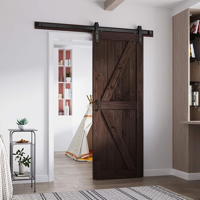 FREDBECK 30in x 84in Brown Barn Door with 5ft (60inch) Barn Door Hardware Track Kit and Handle Included, Double Surfaces,Simple Assembly is Required,K-Frame,Coffee